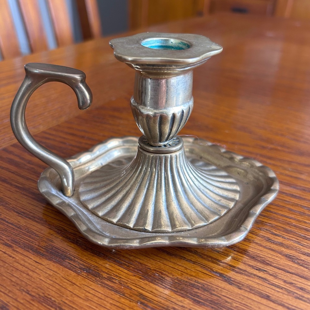 Vintage Candle Compliments Brass Chamberstick Finger Loop Candle Holder Fluted